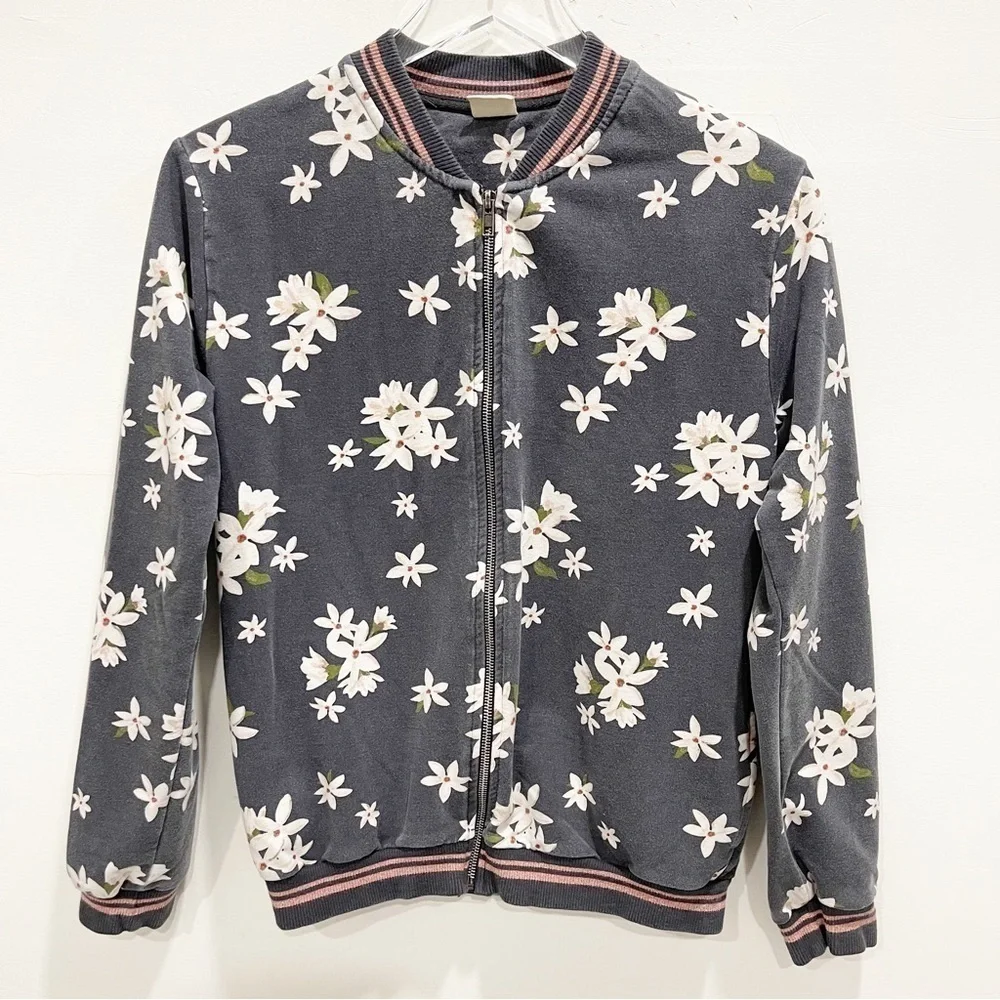 Zara Magnolia Flower Floral Full-Zip Bomber Jacket Size 13-14